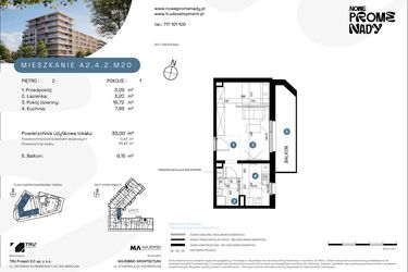 Rzut - Mieszkanie na sprzedaż 1 pokój o powierzchni 33 m² - numer A2.4.2.M20 w Nowe Promenady