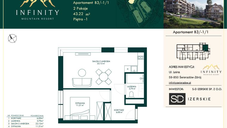 Rzut - Mieszkanie na sprzedaż 2 pokoje o powierzchni 43,22 m² - numer B3.-1.1 w Infinity Mountain Resort