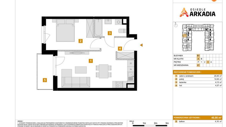 Rzut - Mieszkanie na sprzedaż 2 pokoje o powierzchni 40,9 m² - numer B1.41 w Osiedle Arkadia etap 2