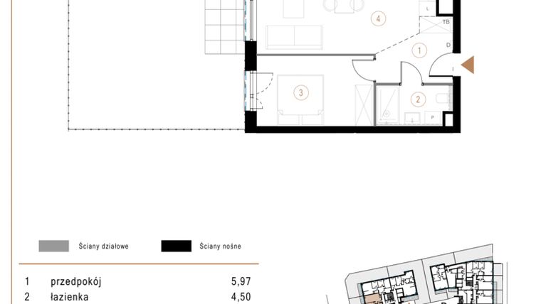 Rzut - Mieszkanie na sprzedaż 2 pokoje o powierzchni 45,52 m² - numer A03 w Osiedle Józefowska