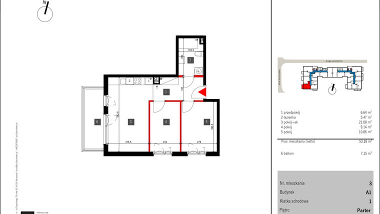 Rzut - Mieszkanie na sprzedaż 3 pokoje o powierzchni 53,18 m² - numer 3 w Mochtyńska 56
