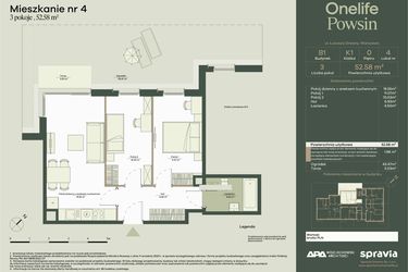 Rzut - Mieszkanie na sprzedaż 3 pokoje o powierzchni 52,58 m² - numer B1/4 w Onelife Powsin