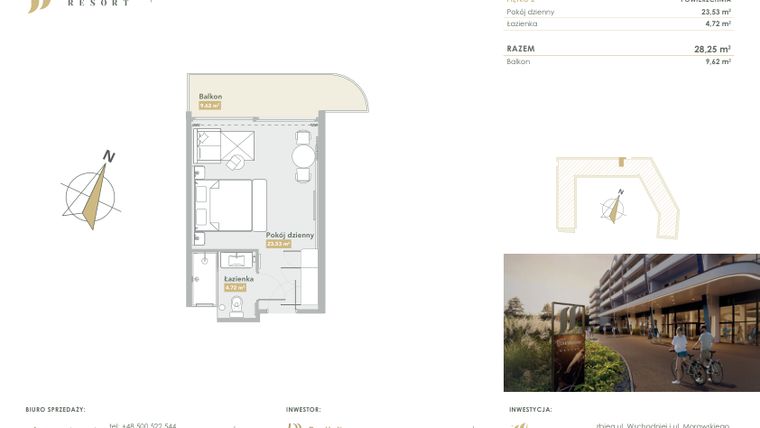 Rzut - Mieszkanie na sprzedaż 1 pokój o powierzchni 28,25 m² - numer H.2.34 w Harmony Resort