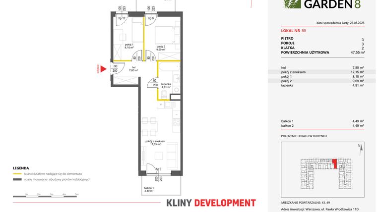 Rzut - Mieszkanie na sprzedaż 3 pokoje o powierzchni 47,55 m² - numer 55 w Nova Viva Garden 8