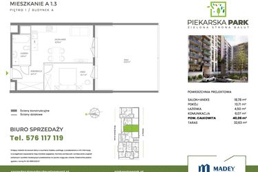 Rzut - Mieszkanie na sprzedaż 2 pokoje o powierzchni 40,06 m² - numer A1.3 w Piekarska Park