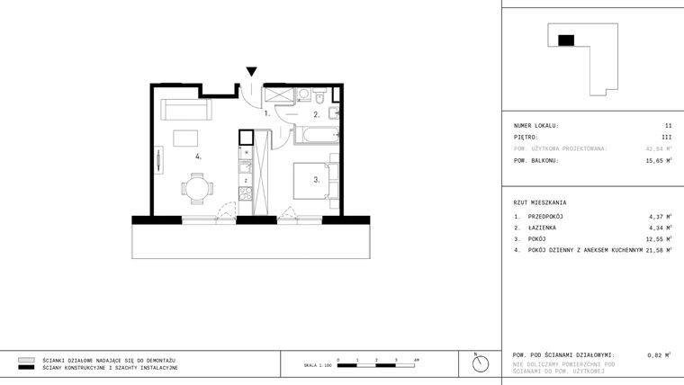 Rzut - Mieszkanie na sprzedaż 2 pokoje o powierzchni 42,84 m² - numer A2.11 w Dzikiej Jabłoni 6A