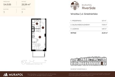 Rzut - Mieszkanie na sprzedaż 1 pokój o powierzchni 25,59 m² - numer 3.A.3.05 w Murapol RiverSide