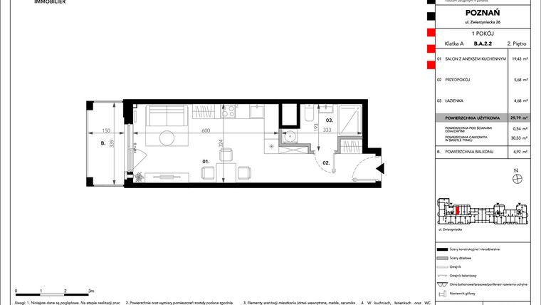 Rzut - Mieszkanie na sprzedaż 1 pokój o powierzchni 29,79 m² - numer B.A.2.2 w Zajezdnia