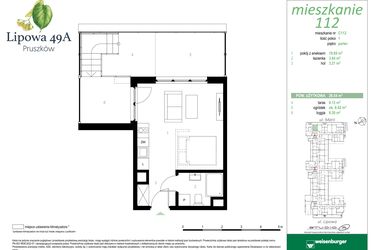 Rzut - Mieszkanie na sprzedaż 1 pokój o powierzchni 26,54 m² - numer 112C w Lipowa 49A