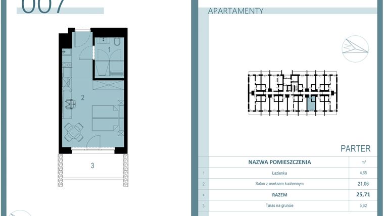 Rzut - Mieszkanie na sprzedaż 1 pokój o powierzchni 25,71 m² - numer 007 w Linea Mare Mrzeżyno