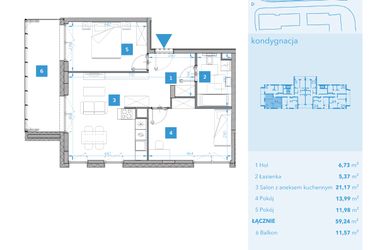 Rzut - Mieszkanie na sprzedaż 3 pokoje o powierzchni 59,24 m² - numer 7 w Apartamenty Macadamia