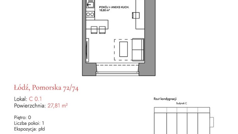Rzut - Mieszkanie na sprzedaż 1 pokój o powierzchni 28,39 m² - numer C 0.1 w Melody Loft