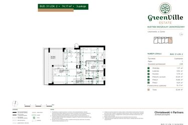 Rzut - Mieszkanie na sprzedaż 3 pokoje o powierzchni 74,17 m² - numer 31.2 w Green Ville