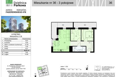 Rzut - Mieszkanie na sprzedaż 3 pokoje o powierzchni 52,67 m² - numer 36/B7 w Dzielnica Parkowa VII