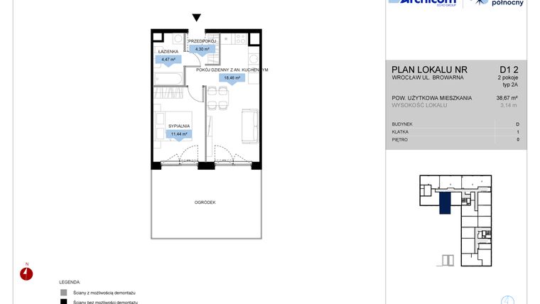 Rzut - Mieszkanie na sprzedaż 2 pokoje o powierzchni 38,67 m² - numer D1.2 w Bulwar Północny