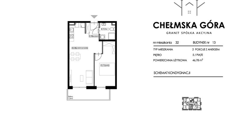 Rzut - Mieszkanie na sprzedaż 2 pokoje o powierzchni 46,78 m² - numer 13-M32 w Chełmska Góra etap II