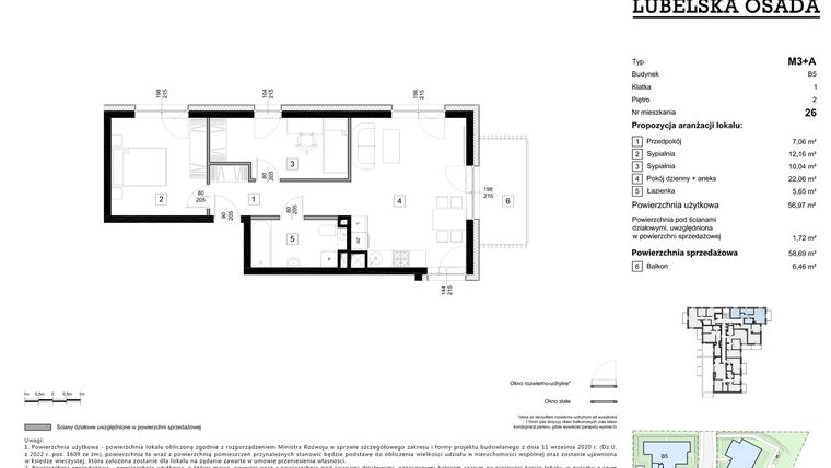 Rzut - Mieszkanie na sprzedaż 3 pokoje o powierzchni 58,69 m² - numer B5.26 w Lubelska Osada budynek B5