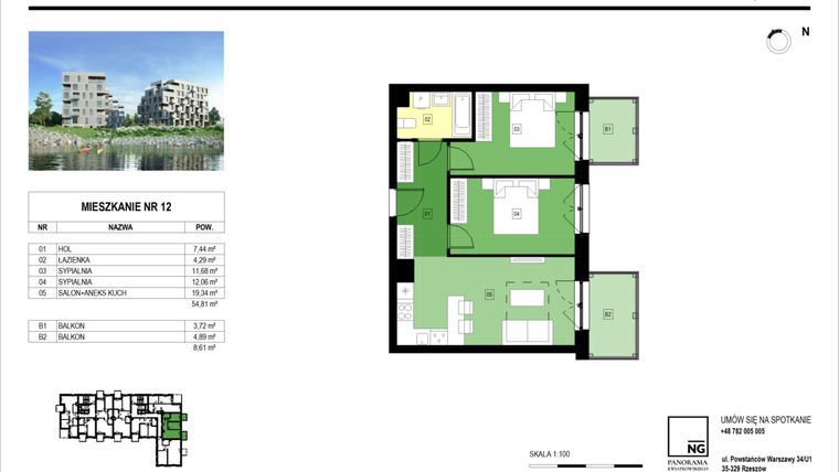 Rzut - Mieszkanie na sprzedaż 3 pokoje o powierzchni 55,11 m² - numer A.12 w Panorama Kwiatkowskiego River