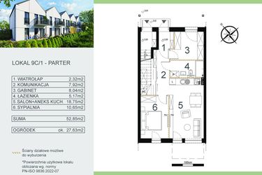 Rzut - Mieszkanie na sprzedaż 3 pokoje o powierzchni 52,85 m² - numer 9C/1 w Zamiejska 9