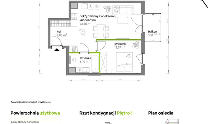 Rzut - Mieszkanie na sprzedaż 2 pokoje o powierzchni 48,35 m² - numer AA0109 w Ptasia Vita