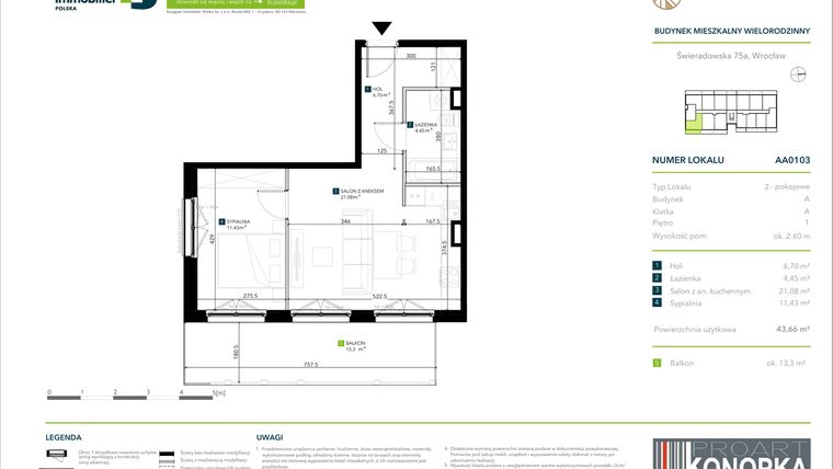 Rzut - Mieszkanie na sprzedaż 2 pokoje o powierzchni 43,66 m² - numer AA0103 w Vivre