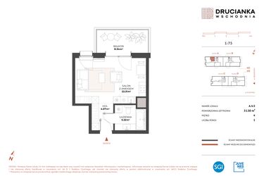 Rzut - Mieszkanie na sprzedaż 1 pokój o powierzchni 31,5 m² - numer A.4.5 w Drucianka Wschodnia