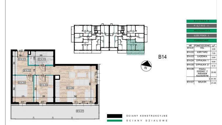Rzut - Mieszkanie na sprzedaż 3 pokoje o powierzchni 61,4 m² - numer B14 w Lwowska 14