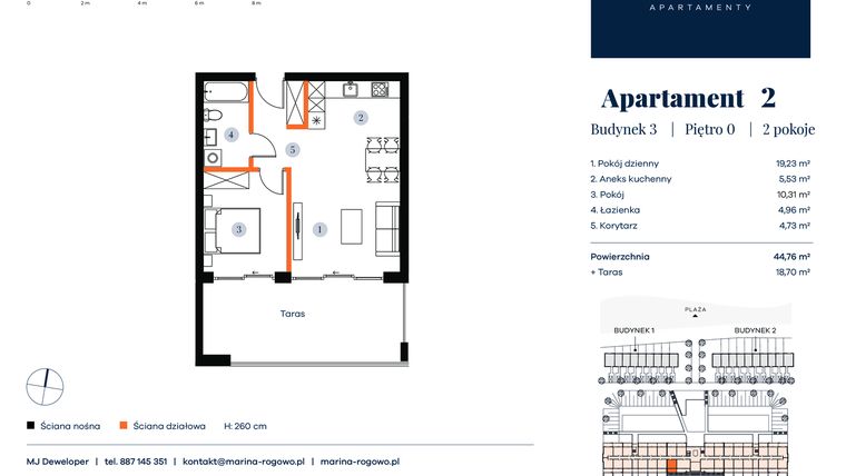 Rzut - Mieszkanie na sprzedaż 2 pokoje o powierzchni 44,76 m² - numer 2 w Apartamenty Marina Rogowo