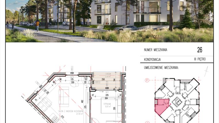 Rzut - Mieszkanie na sprzedaż 2 pokoje o powierzchni 42,89 m² - numer 26 w Grasera 12