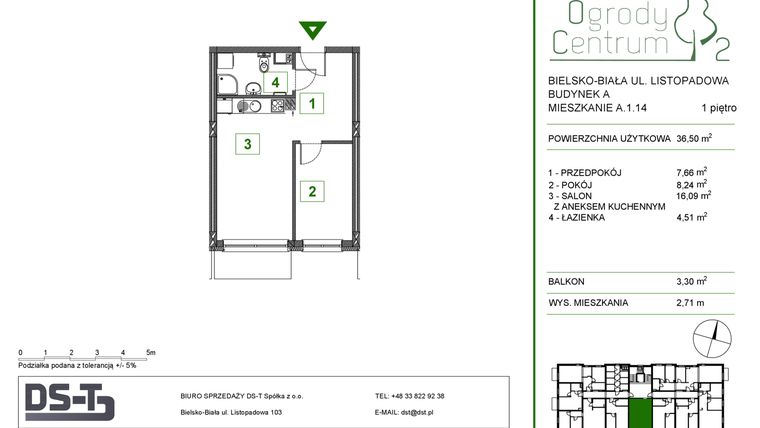 Rzut - Mieszkanie na sprzedaż 2 pokoje o powierzchni 36,5 m² - numer A.1.14 w Ogrody Centrum 2