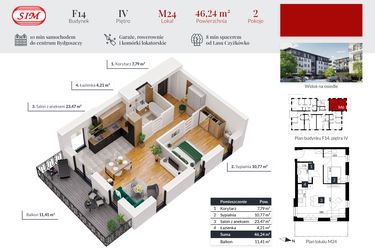 Rzut - Mieszkanie na sprzedaż 2 pokoje o powierzchni 46,24 m² - numer 24 w Tęczowy Zakątek F-14