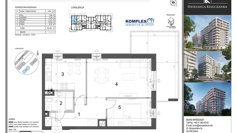 Rzut - Mieszkanie na sprzedaż 2 pokoje o powierzchni 54 m² - numer 12 w Dzielnica Kielczanka etap II