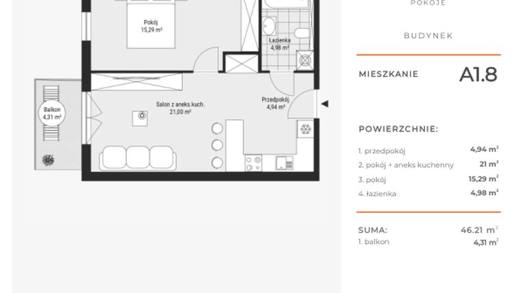 Rzut - Mieszkanie na sprzedaż 2 pokoje o powierzchni 46,96 m² - numer A1.8 w Enklawa Bukowa