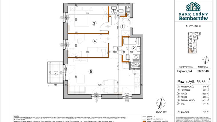Rzut - Mieszkanie na sprzedaż 3 pokoje o powierzchni 53,86 m² - numer J1-26 w Park Leśny Rembertów etap VIII