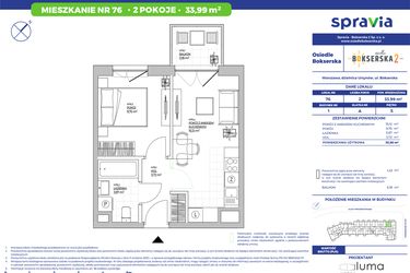 Rzut - Mieszkanie na sprzedaż 2 pokoje o powierzchni 33,99 m² - numer B1.76 w Osiedle Bokserska 2