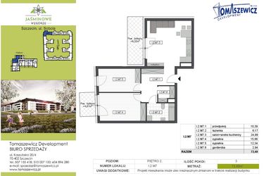 Rzut - Mieszkanie na sprzedaż 3 pokoje o powierzchni 72,49 m² - numer I2M7 w Jaśminowe Wzgórze - etap II