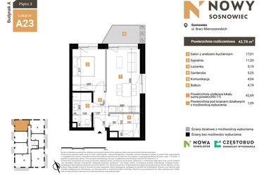 Rzut - Mieszkanie na sprzedaż 2 pokoje o powierzchni 43,78 m² - numer A23 w Nowy Sosnowiec