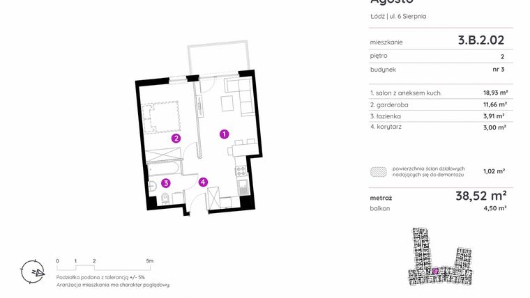 Rzut - Mieszkanie na sprzedaż 1 pokój o powierzchni 38,52 m² - numer 3.B.2.02 w Murapol Agosto