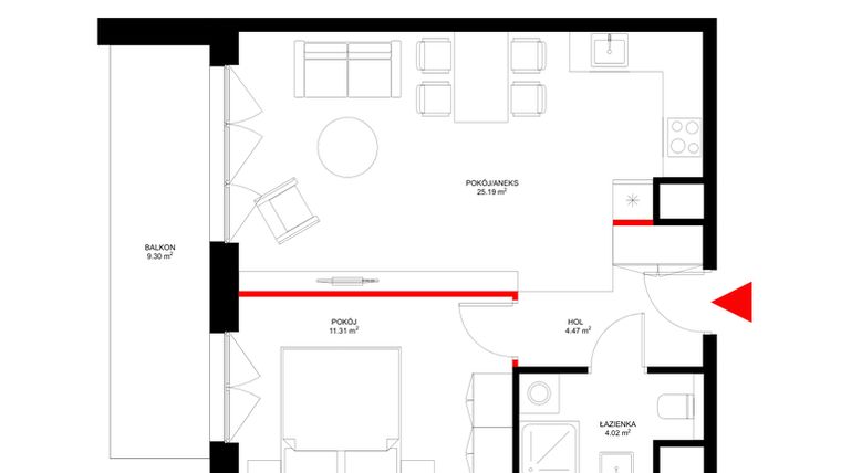 Rzut - Mieszkanie na sprzedaż 2 pokoje o powierzchni 44,99 m² - numer F.5.1 w INSPIRE ETAP V – bud. F, G