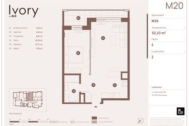Rzut - Mieszkanie na sprzedaż 2 pokoje o powierzchni 52,23 m² - numer M20 w Ivory