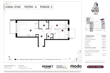 Rzut - Mieszkanie na sprzedaż 3 pokoje o powierzchni 65,36 m² - numer D162 w Osiedle Witaj etap II