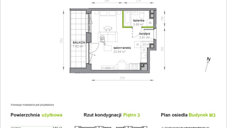 Rzut - Mieszkanie na sprzedaż 1 pokój o powierzchni 29,34 m² - numer M3/3/3/36 w Przy Parku Vita