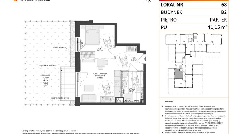 Rzut - Mieszkanie na sprzedaż 2 pokoje o powierzchni 41,15 m² - numer 68 w Locus 2 bud. B2