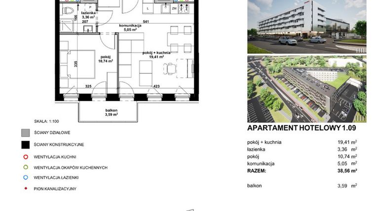 Rzut - Mieszkanie na sprzedaż 2 pokoje o powierzchni 38,49 m² - numer 109 w Apartamentowiec Zwycięska 3 - inwestycyjne