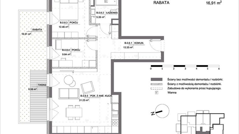 Rzut - Mieszkanie na sprzedaż 3 pokoje o powierzchni 72,09 m² - numer B.0.8 w Polanka 21