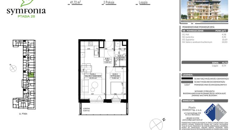 Rzut - Mieszkanie na sprzedaż 2 pokoje o powierzchni 41,72 m² - numer B.69 w Symfonia Ptasia 28