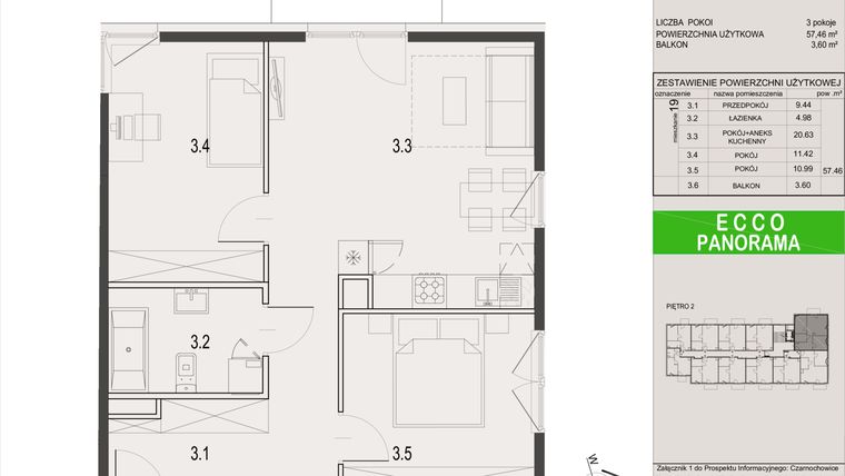 Rzut - Mieszkanie na sprzedaż 3 pokoje o powierzchni 57,46 m² - numer 19.A w Ecco Panorama etap I budynki A, B