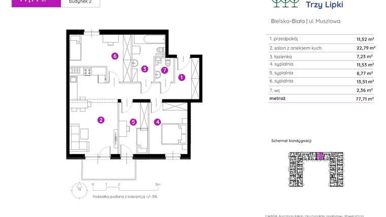 Rzut - Mieszkanie na sprzedaż 4 pokoje o powierzchni 78,15 m² - numer 2.B.2.13 w Murapol Trzy Lipki etap II