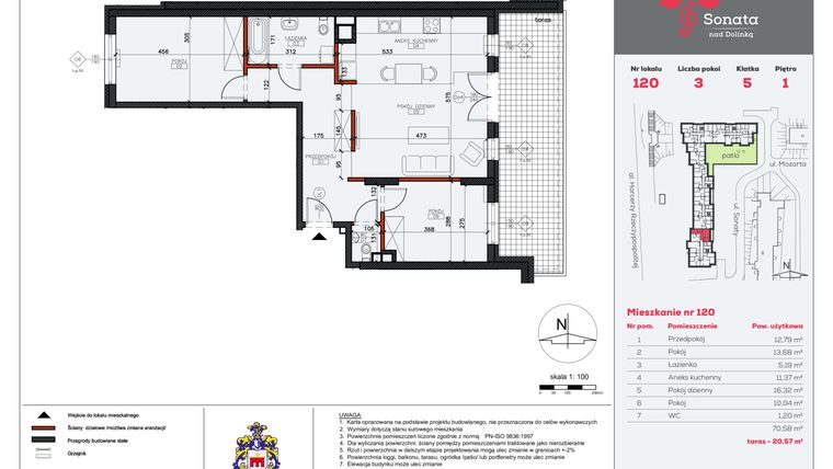 Rzut - Mieszkanie na sprzedaż 3 pokoje o powierzchni 70,58 m² - numer 120 w Sonata nad Dolinką