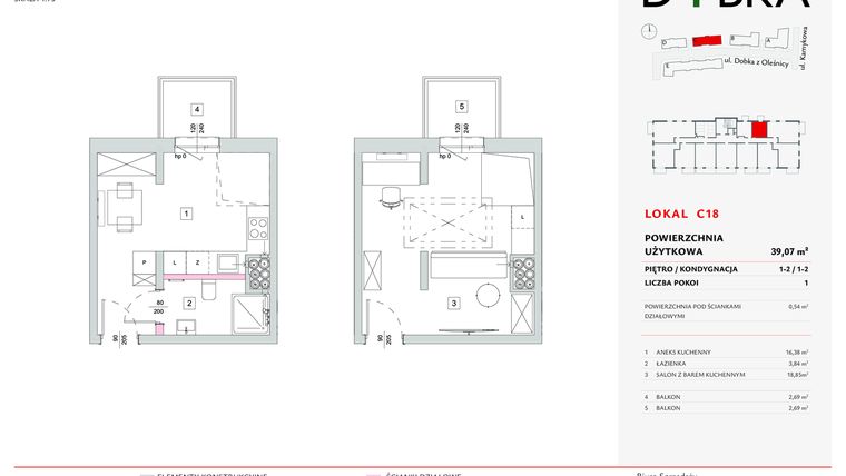 Rzut - Mieszkanie na sprzedaż 1 pokój o powierzchni 39,07 m² - numer C18 w Dobka